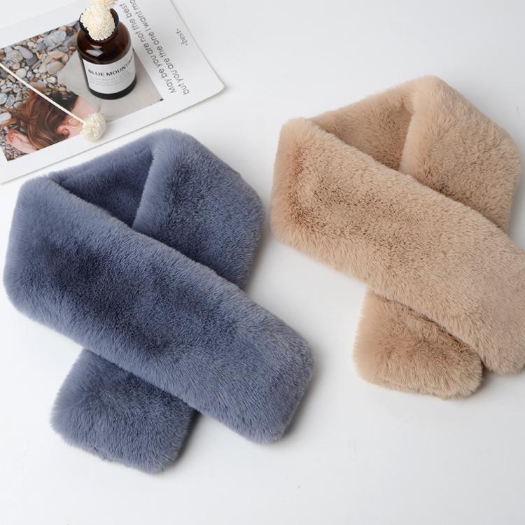 Winter Faux Rex Rabbit Fur Whole Skin Scarf Women Double-Sided Plush Thickened Warm Cross Neck Wrap Fur Collar Shawl