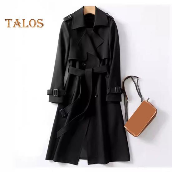 Women Windbreaker Turn-down Collar Loose Pure Color Coat Double-breasted Long Sleeves Belt Decor Overcoat Mid Length with Pockets Windproof Lady