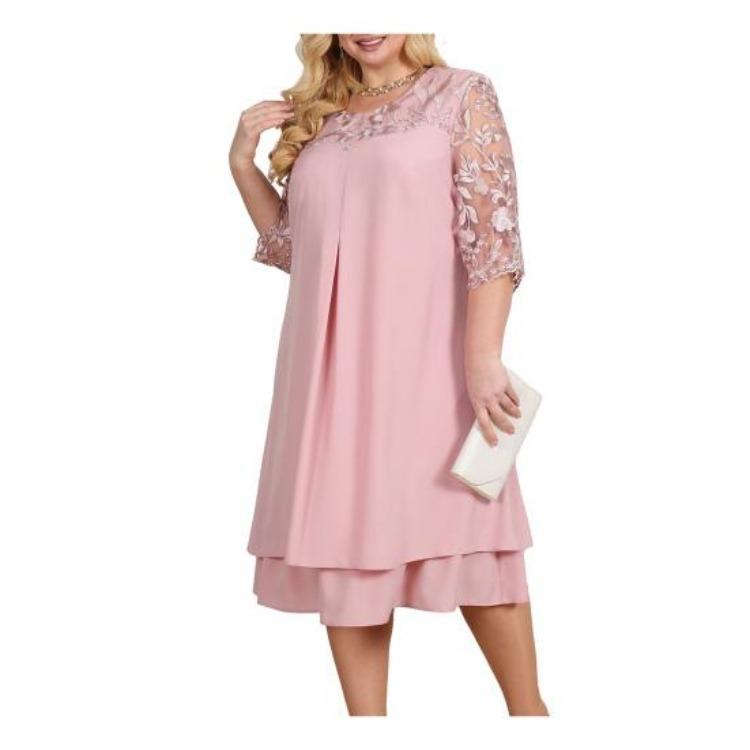 Elegante Abito da Festa da Ballo Taglie Forti Donna Lento Midi Rete Trasparente Patchwork Applicazione Foglia Mezza Manica Girocollo Abito Primavera Autunno