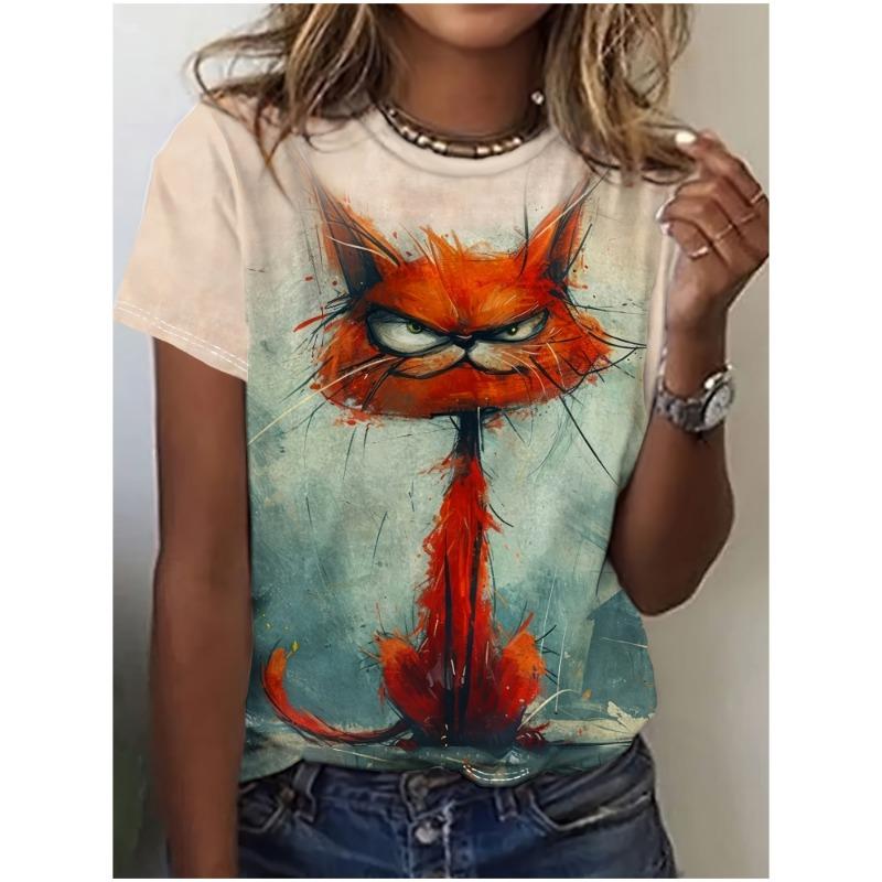 Women's Printed T-shirt with Cat Pattern - Casual Short-Sleeved Top - Large Size - Women's Clothing