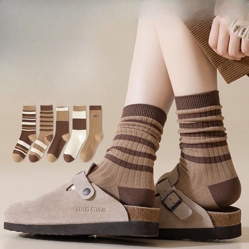 Female Spring and Autumn Color Striped Tall Tube Stack Socks