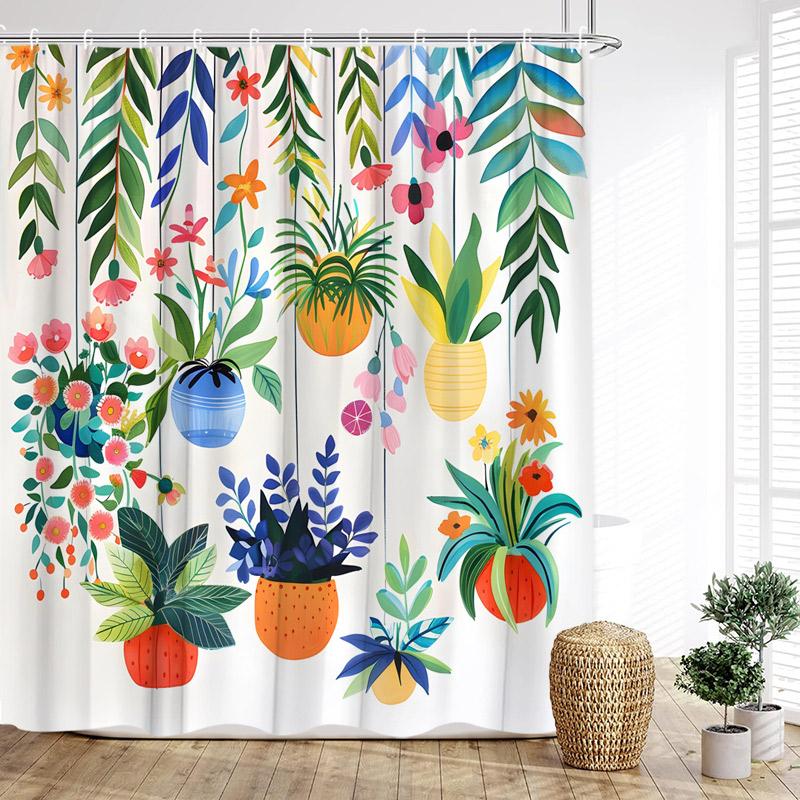 Colourful Tropical Plants Shower Curtains Desert Cactus Monstera Bonsai Leaves Bath Curtain Set Fabric Bathroom Decor with Hooks