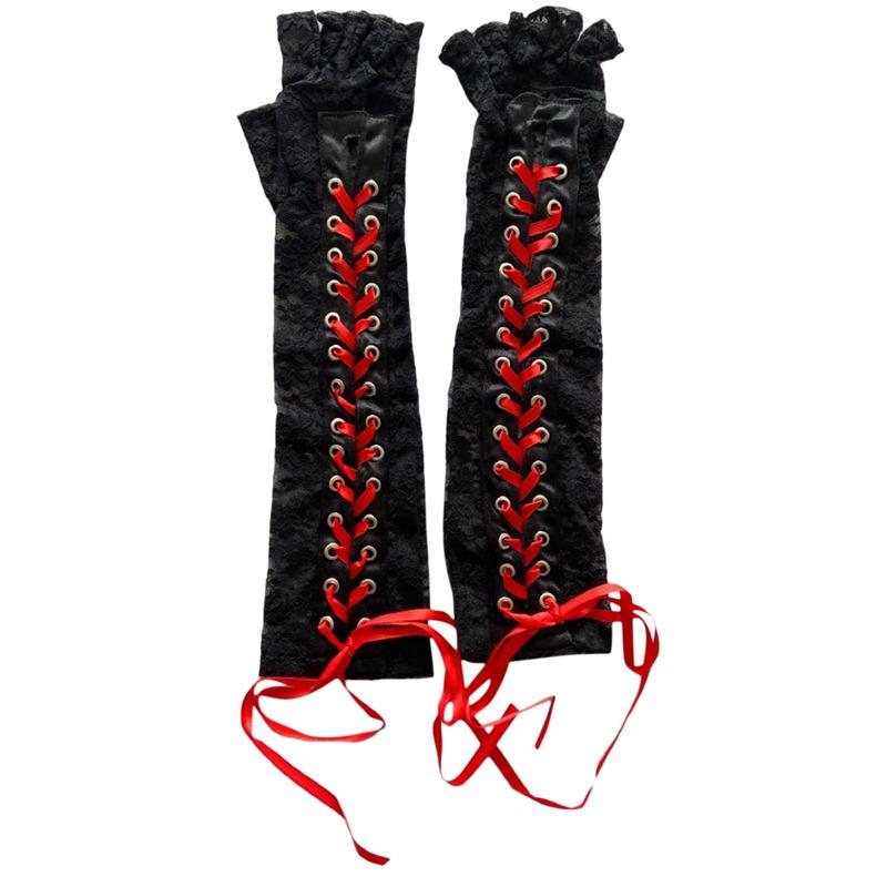 

Женские сексуальные кружевные перчатки с цветочным принтом до локтя, перчатки до половины пальцев, черная лента с завязками, танцевальная вечеринка, сетчатые варежки без пальцев