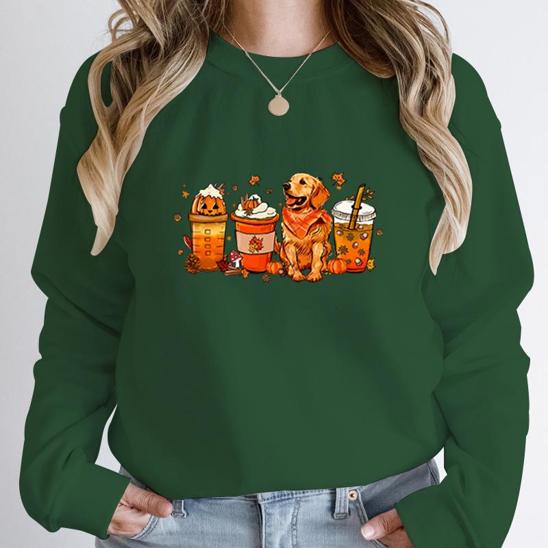 Fall Pumpkin Coffee Golden Retriever Print Sweatshirts Autumn Winter Long Sleeve Round Neck Pullovers Casual Hoodless Sweatshirt