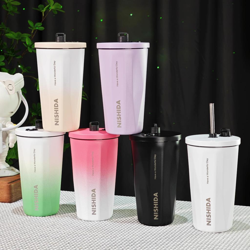 Nishida Hot with Lid and Stainless Perfect for with Silicone Ice Vacuum 600ml Tumbler, Insulated, & Cold, Straw, Stylish, Steel, Office, Outdoors,