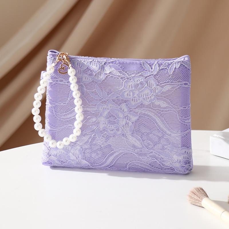Lace Flower Small Makeup Bag with Pearl Chain Women Cosmetic Pouch Travel Organizer Handbag Portable Phone Keys Coin Purse Case
