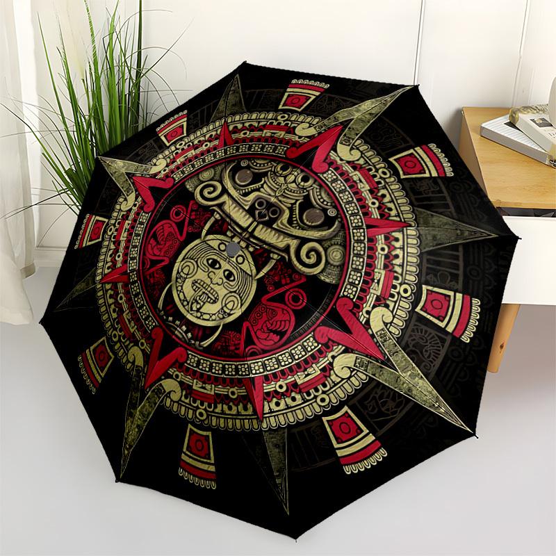 1pc Mayan Calendar Aztec Sun Automatic Folding Umbrella, Lightweight Retractable Compact Travel Umbrella, 8-Rib Sturdy Frame147