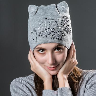 Zimowe dzianinowe aksamitne ciepłe czapki z uroczymi kocimi uszkami i motylkiem, czapki typu skullies, czapki beanie, damskie modne czapki, czapka casual dla kobiet