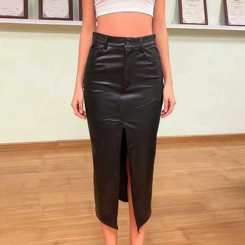 

2025 Autumn/Winter Leather Midi Skirt with Slit - European & American Style, Hot-Selling Women s Fashion Small чорний