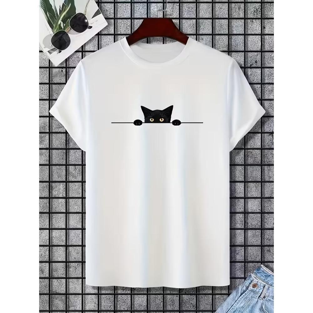 Letter Print Cat T-Shirt Women’s Crew Neck Short Sleeve Tee Cute Black Cat Book Print Shirt for Cat Lovers Daily Wear