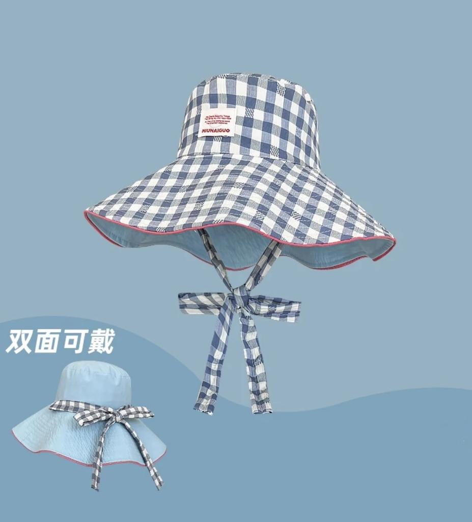 Sweet Plaid Strappy Bucket Hat Korean Version Ins Big Brim Sun Hat Children Fresh and Versatile Double-sided Can Be Worn