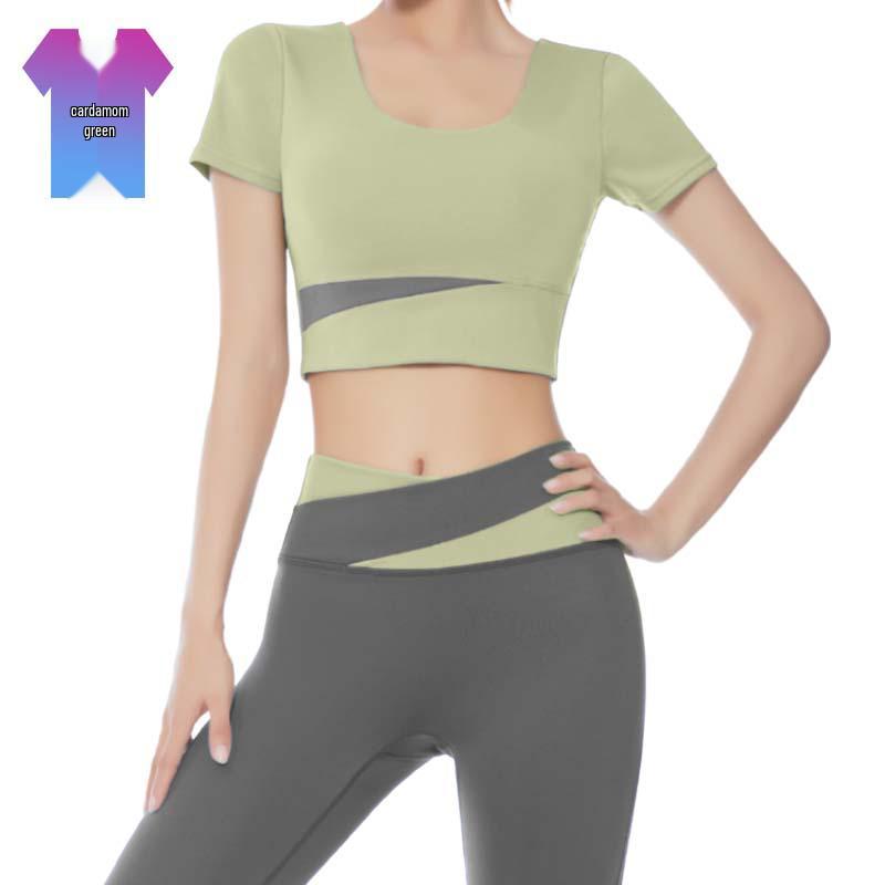 

Спортивный бюстгальтер с эффектом «обнажённости», кроп-топ для йоги с нагрудными вкладышами: Женская фитнес-одежда с коротким рукавом и цветными блоками S