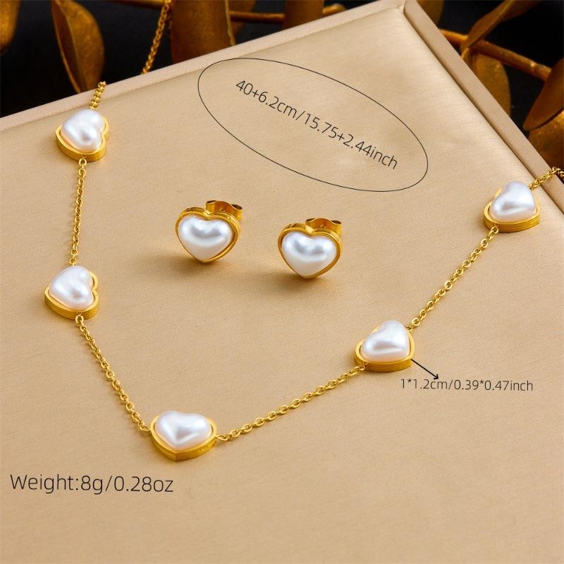 Heart Pearl Jewelry Set For Women Gold Plated Stainless Steel Necklace Bracelet Earrings