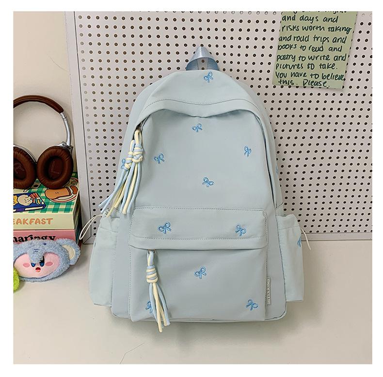 Schoolbag Girls School Bag Simple Versatile Backpack College Student Middle School Student Cute Embroidered Bow Lightweight Travel Backpack