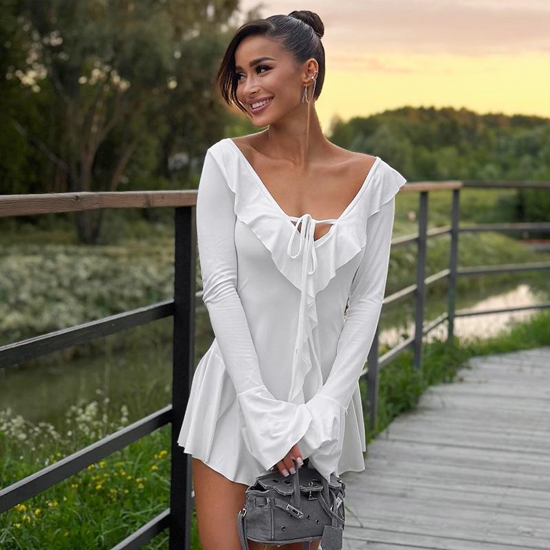 Volánové šněrovací bílé minišaty Dámské s výstřihem do V Patchwork Dlouhý rukáv Sexy štíhlé šaty Bandáž Elegantní dámské letní šaty