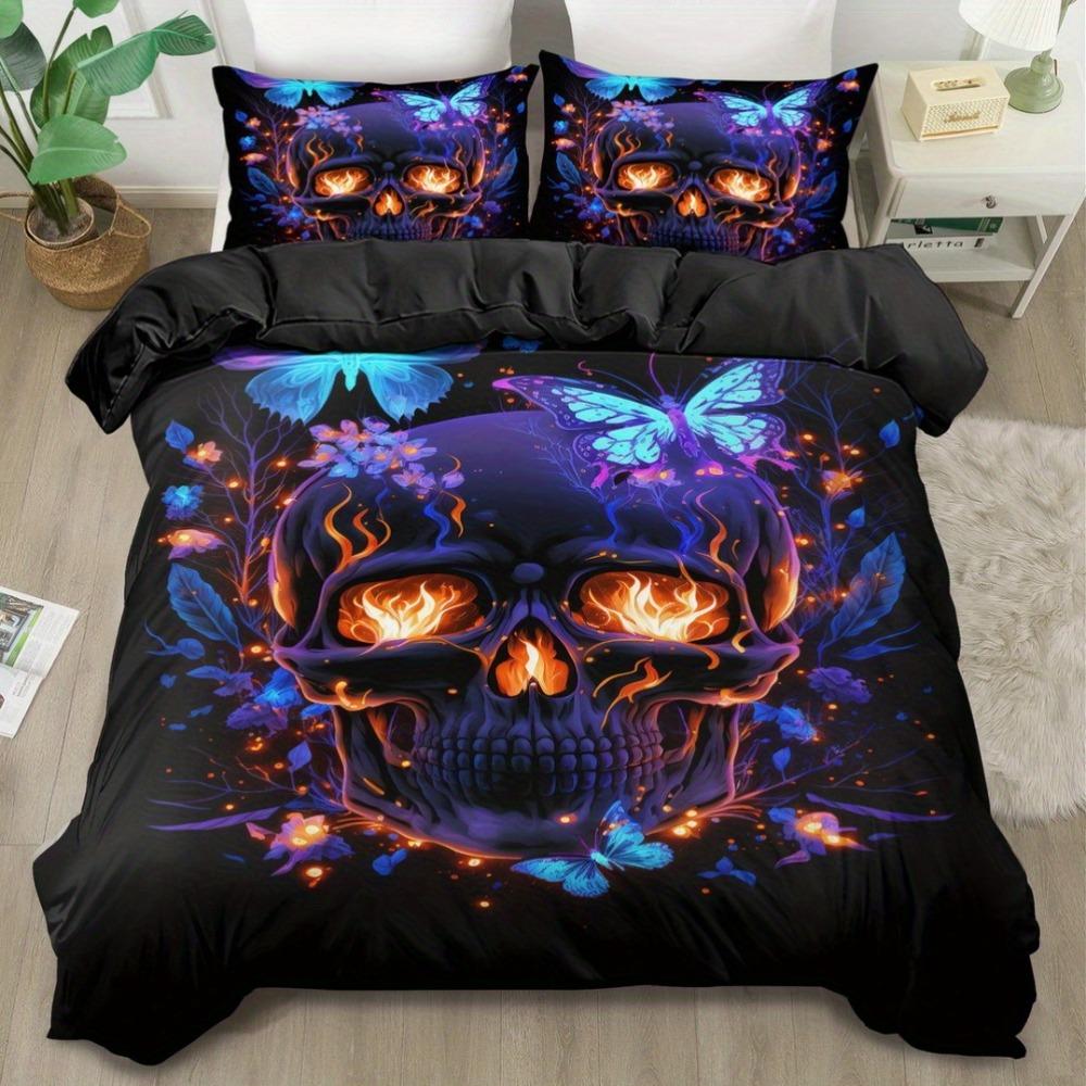 

3pcs Black Bedding Set Gothic Colorful Skull Butterfly Printed Soft Duvet Cover King Queen Twin Size Birthday Gift Bedroom Decor EU Single 135x200cm