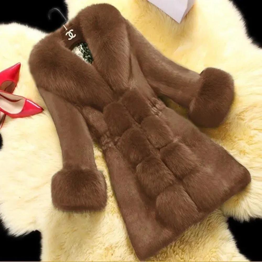 

Winter Faux Fur Coat Women Thick Outwear Long Fake Fox Fur Thick Long Sleeve Jacket Ladies Slim Warm Faux Fur Coat XXXL кофейный