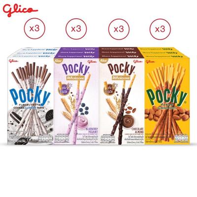 Glico Pocky Happiness Combo Set, Biscuit Stick Coated with Milky Matcha & Blueberry Yoghurt & Chocolate Almond & Nutty Almond, Total 12 Pcs