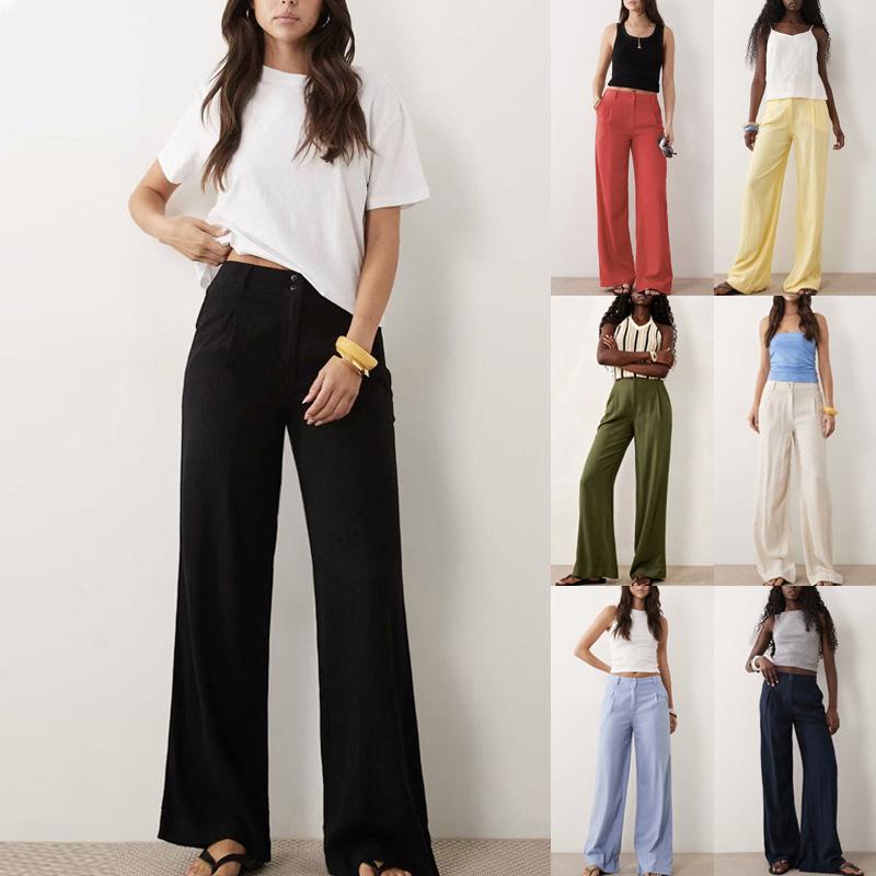 Women Straight Leg Wide Leg Casual Summer Trousers Loose High Waisted Loungewear Vacation Trousers With Pockets