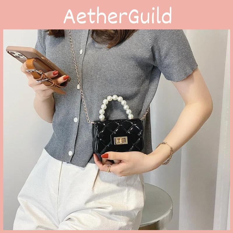 Grid Pearl Rhombus Chain Handbag With Hardware Buckle Single Shoulder Jelly Bag