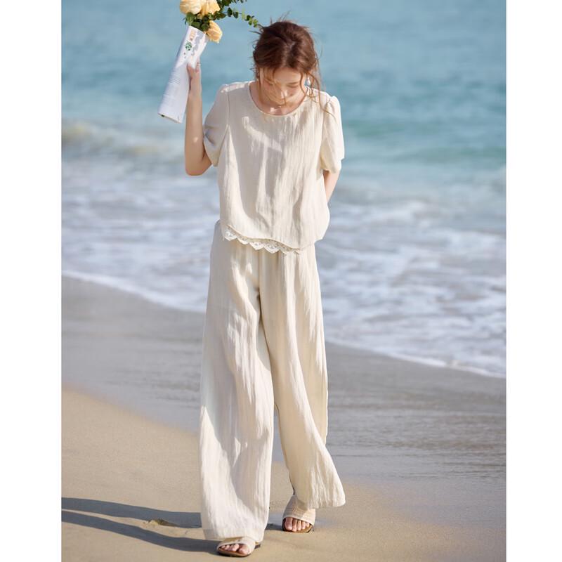 Women s Lyocell Blend Lace Spliced Top & Wide-Leg Pants Set XL