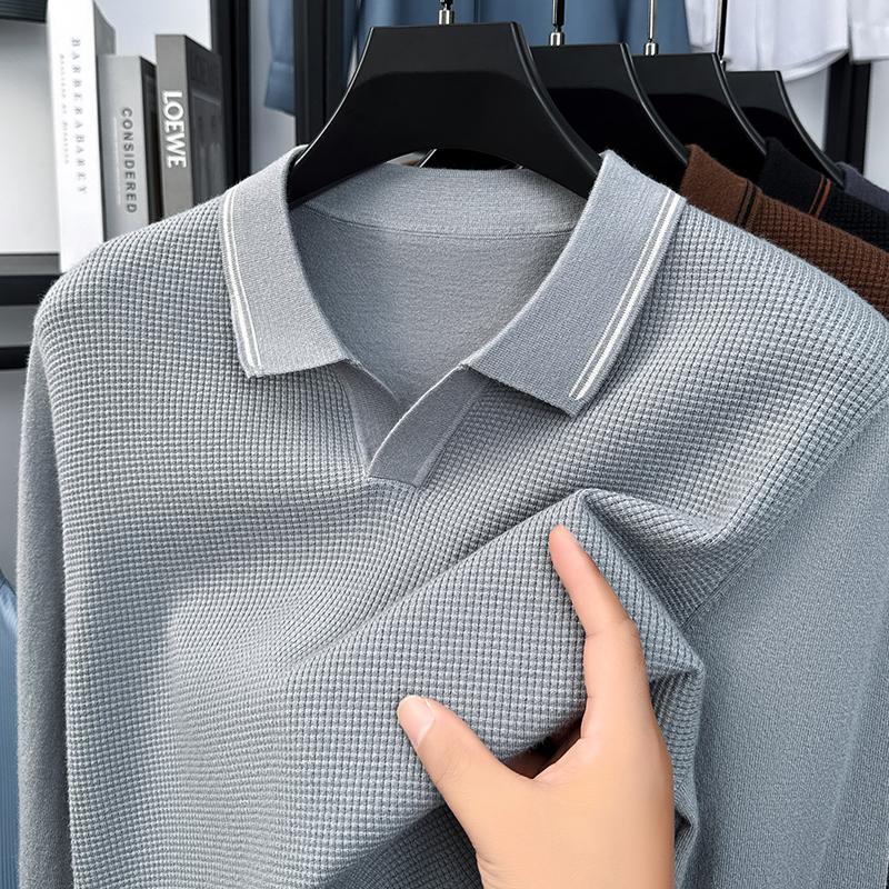 Men's Lapel Small V-Neck Long Sleeve Knitwear Autumn Winter Solid Color Waffle Sweater Casual Trend Menswear