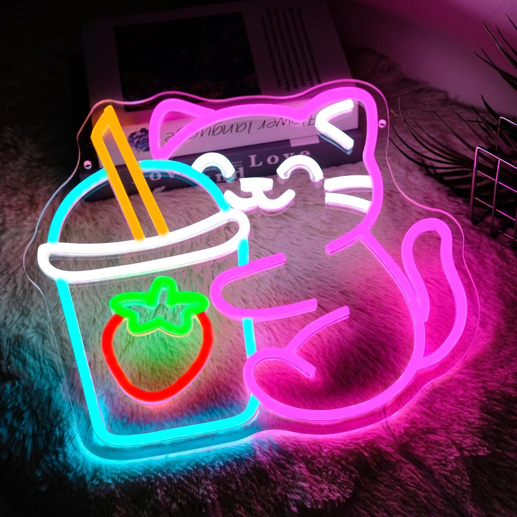 Cat Boba Tea Neon Sign LED Night Light Wall Decor, Room Decoration, USB Powered Neon Lamp for Bar Club Party Shop