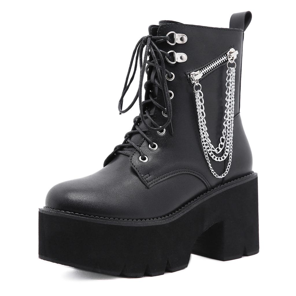 Martin boots before autumn and winter zipper metal chain medium tube thick heel platform short boots