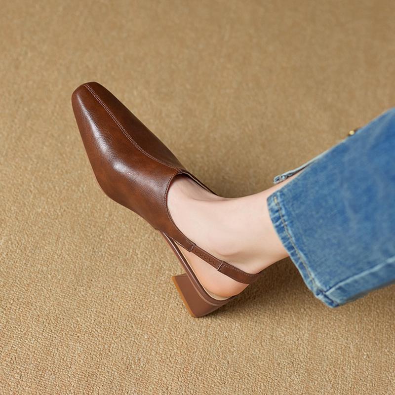 Fashion NEW Spring/Summer Women Sandals Split Leather Shoes for Women Square Toe Chunky Heel Shoes Concise Cover Toe Slingback Sandals