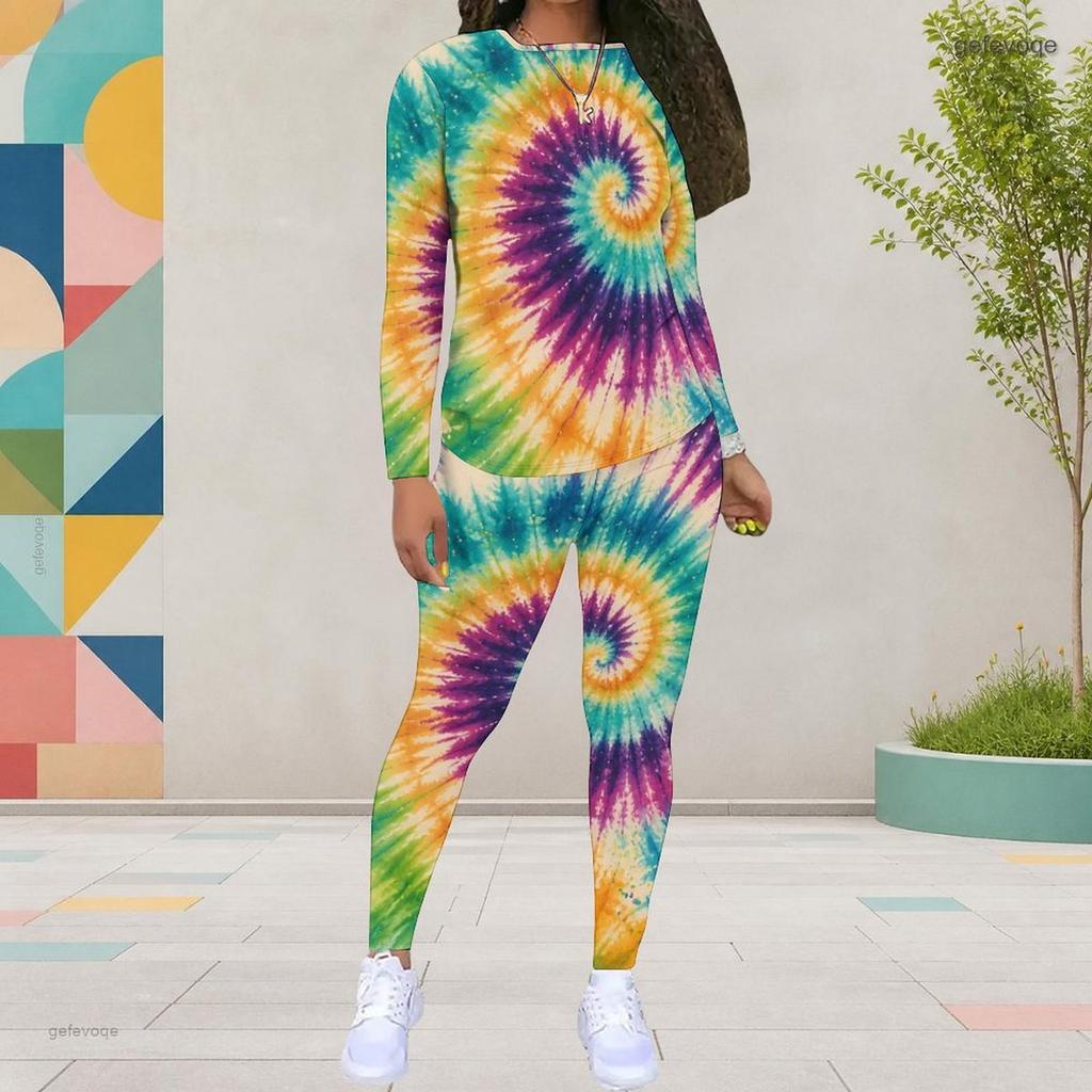 Women Plus Size Round Neck Long Sleeve Printed Top And Fitted Pants Two Piece Set