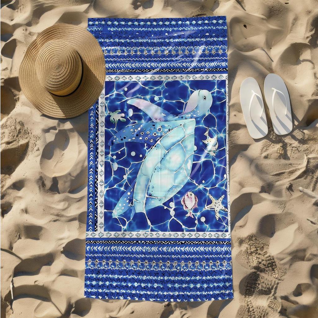 1pc Underwater World with Sea Turtle and Marine Life 2D Printed Microfiber Beach Towel, Quick Dry Super Absorbent. Great for
