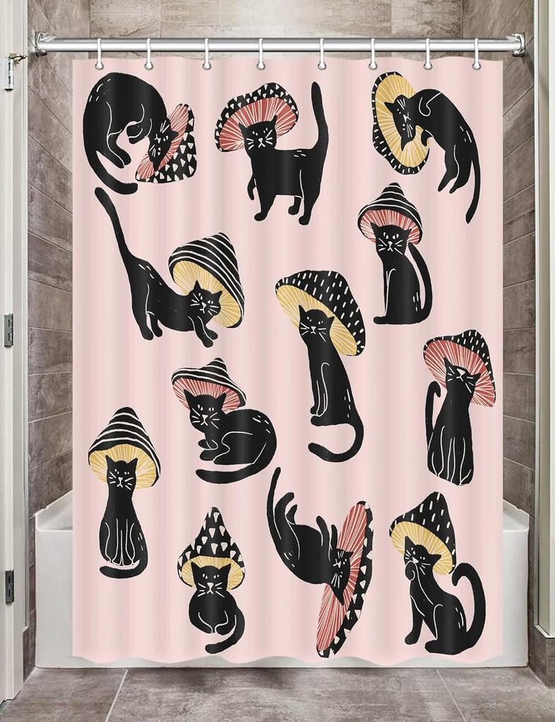 Cute Cat Shower Curtain, Funny Animal Cartoon Cat Floral Wildflower Black Fabric Shower Curtains Set for Bathroom Decorative