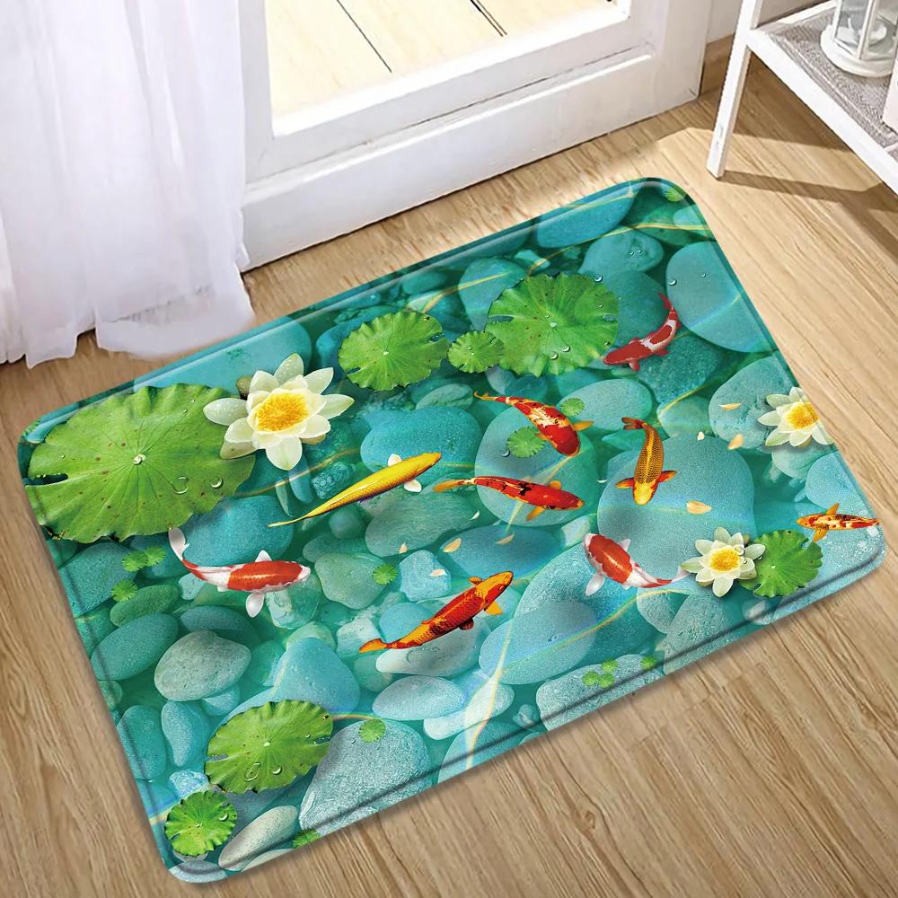 Chinesischer Koi Karpfen Tuschemalerei Glücksteppich Rosa Kirschblüten Teppich für Wohnzimmer Schlafzimmer Heimdeko Fußmatte Bodenmatten