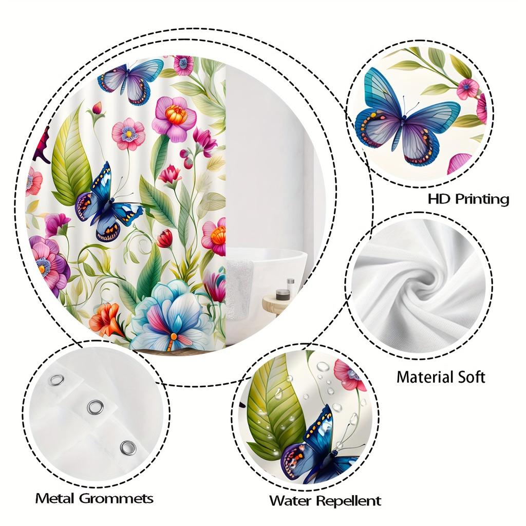 Butterflies And Wildflowers Shower Curtain - Water-Resistant, Easy To Clean, Adds A Nature-Inspired And Colorful Touch To Your