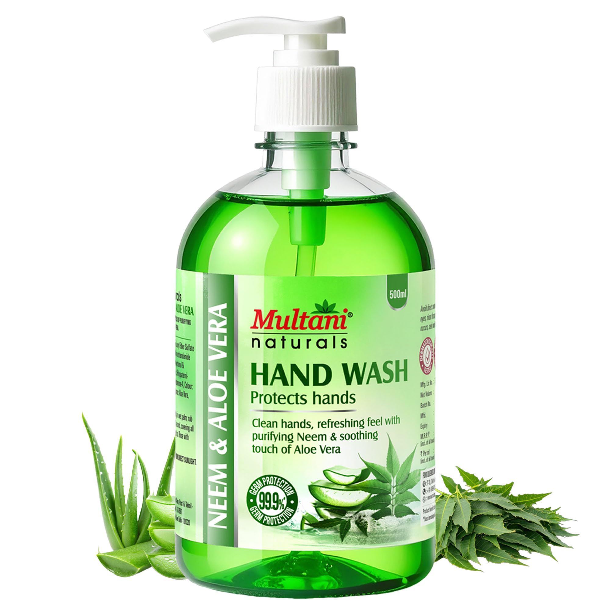 Multani Naturals Neem Aloe Vera Hand Wash 500ml | Gentle Hand Cleanser with Natural Ingredients | 99.9% Germ Protection Liquid Hand Wash