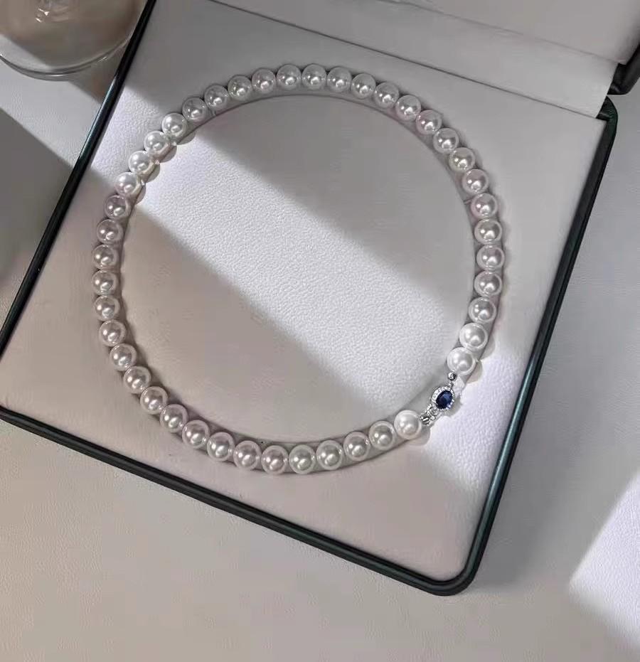Natural Mother-of-Pearl Necklace with 925 Silver Sapphire Clasp, High Luster Shell Pearls, and Australian White Pearls.
