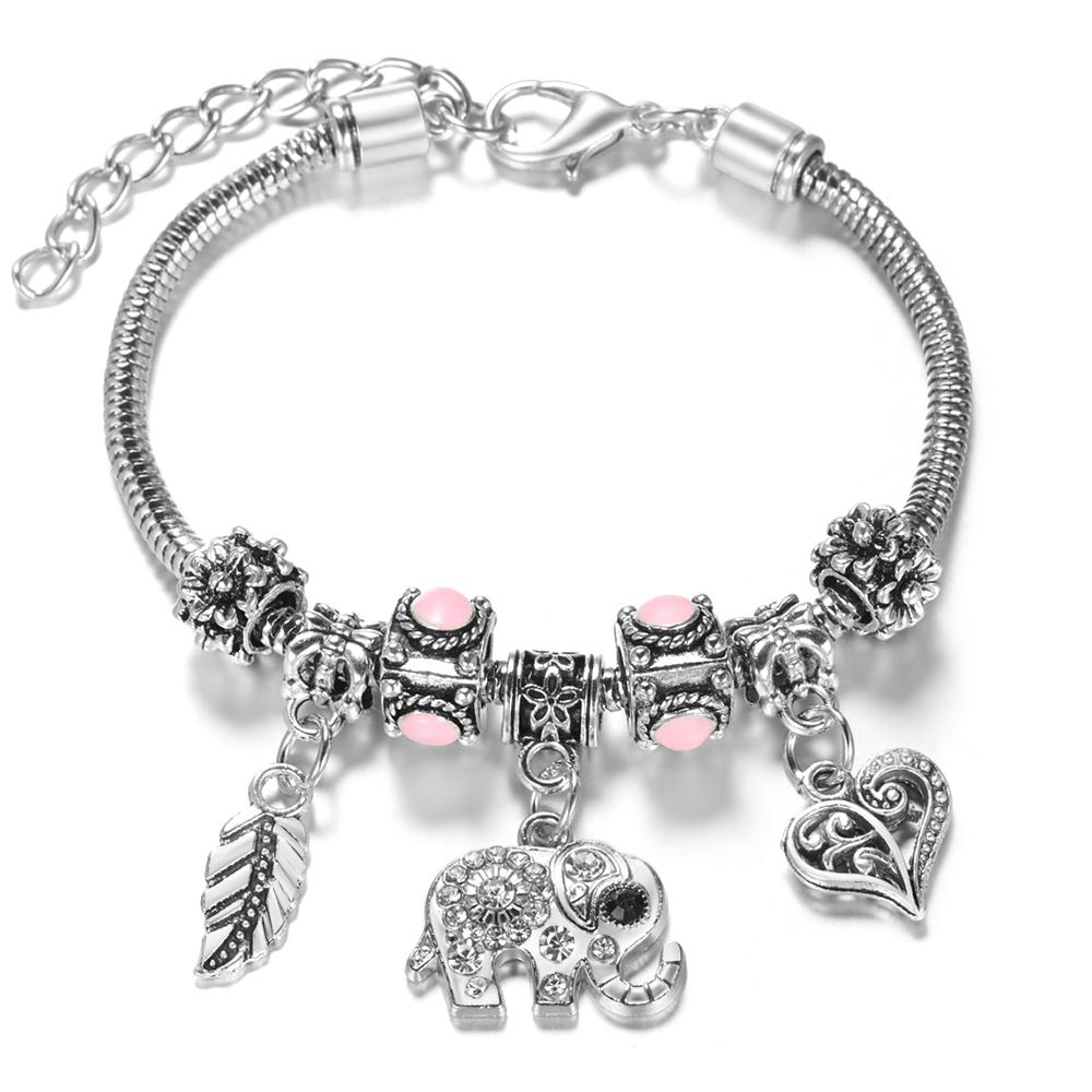 Multi Style Rhinestone 6 Color Beaded Bangle Lobster Buckle Adjustable Snake Chain Elephant Bracelet Pendant Woman Jewelry Gift