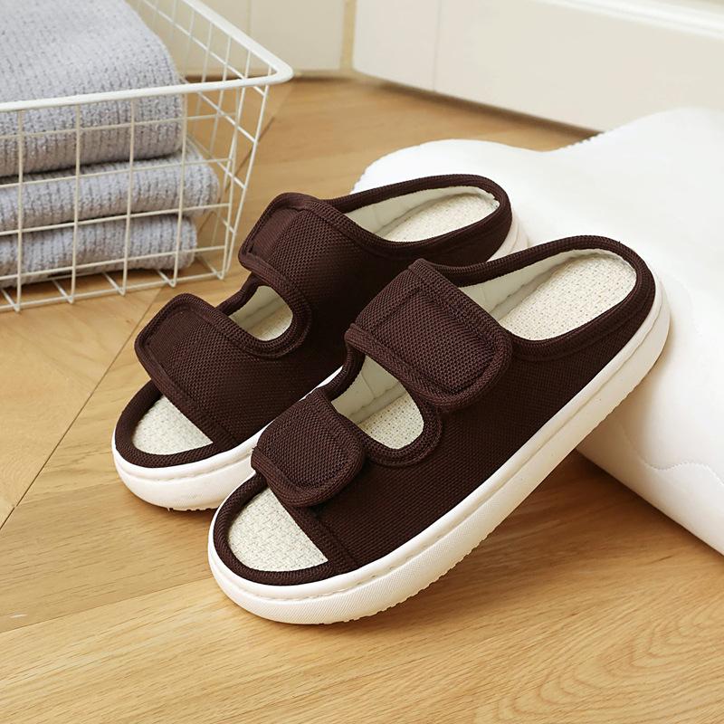 

Мужские и женские льняные дышащие влагоотводящие летние тапочки, нескользящие и легко надеваемые и снимаемые сандалии на липучке с открытым носком для дома 44-45