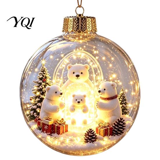 3D Winter Scene Decorations Lighted Christmas Ball Ornaments, Miniature Hanging with Warm LED Decorative Acrylic Holiday Spheres Light, Clear