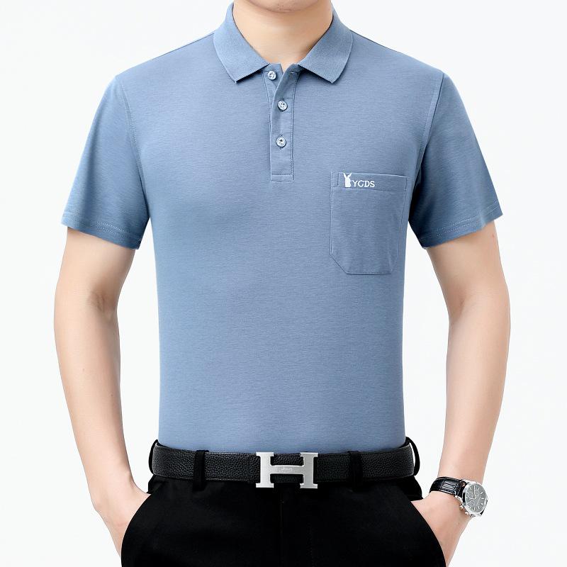 

Футболка мужская из шелка Ice Silk с лацканами и настоящими карманами для людей среднего и пожилого возраста - летняя рубашка с коротким рукавом XXL 70-80 kg