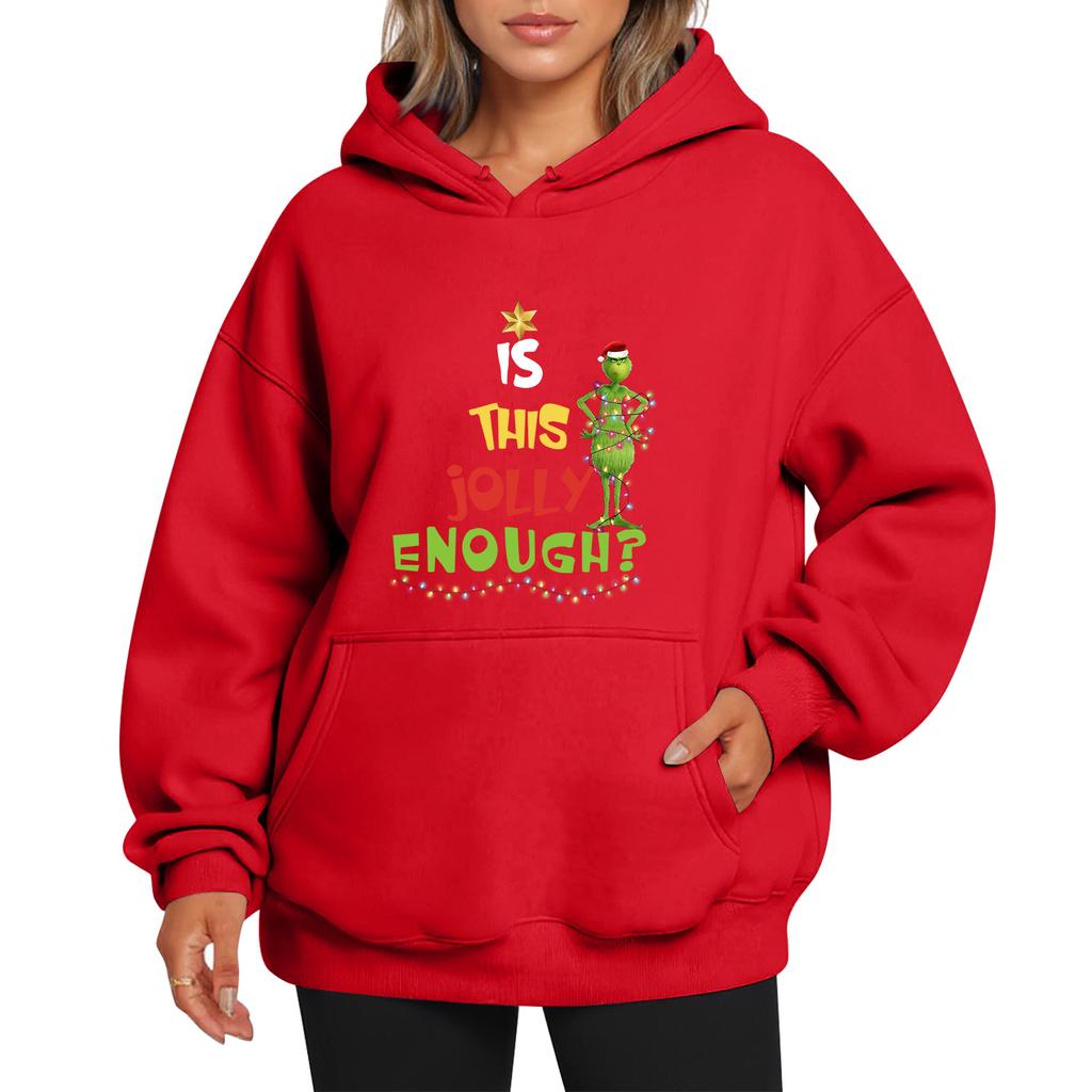 Ladies' Christmas Style Printed Hoodie With Wool And Pockets For Women