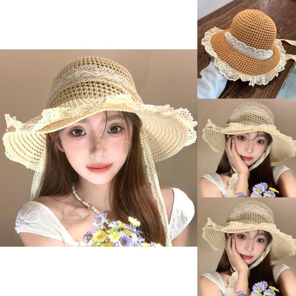 Stylish Khaki And Brown Straw Hat For Women With Lace Up Design For Summer Outings