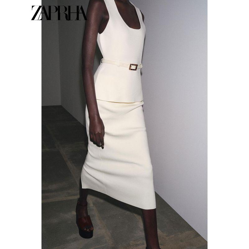 Zaprha 2025 Summer New Western Style Simple Hem Split All-Match Knitted Midi High-Waisted Skirt 4192063