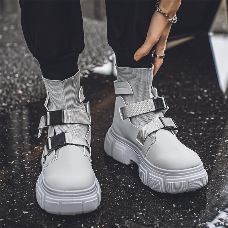 Fashion Gray Men's Buckle Strap Boots Trendy Designer Socks Boots Men Tooling Platform Shoes Man Slip-On Autumn Winter Footwear