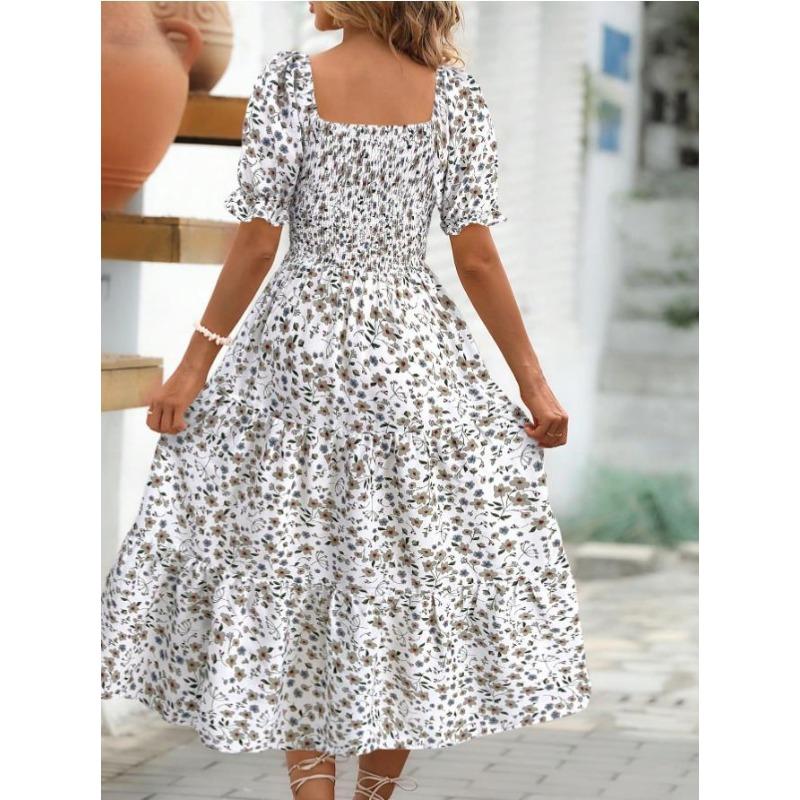 Women's Printed Square Neck Waisted Bubble Sleeve Layered Dresses