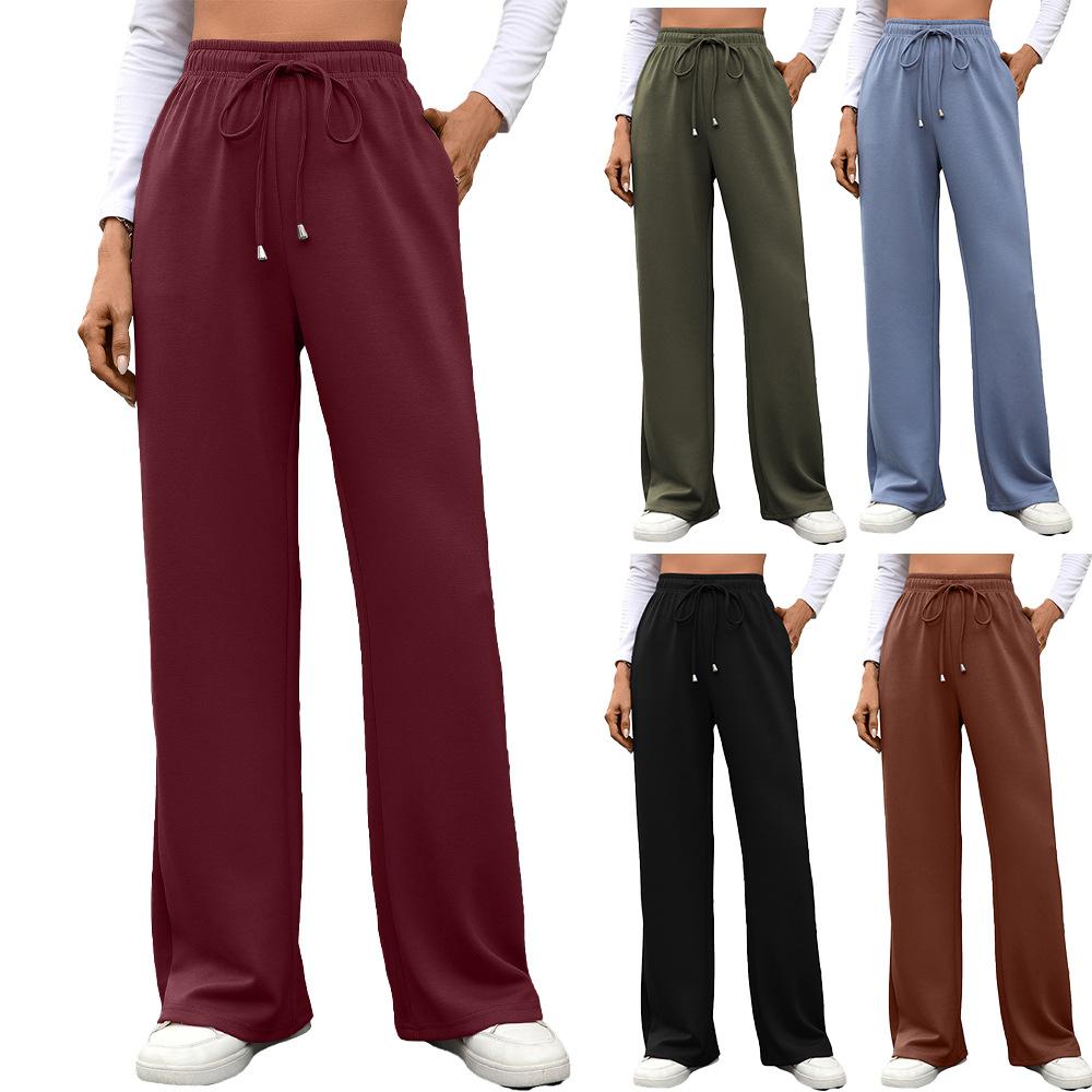 Women's Drawstring Elastic Waist Loose Wide Leg Pants Solid Color Urban Commute Trousers Soft Rayon Casual Sweatpants