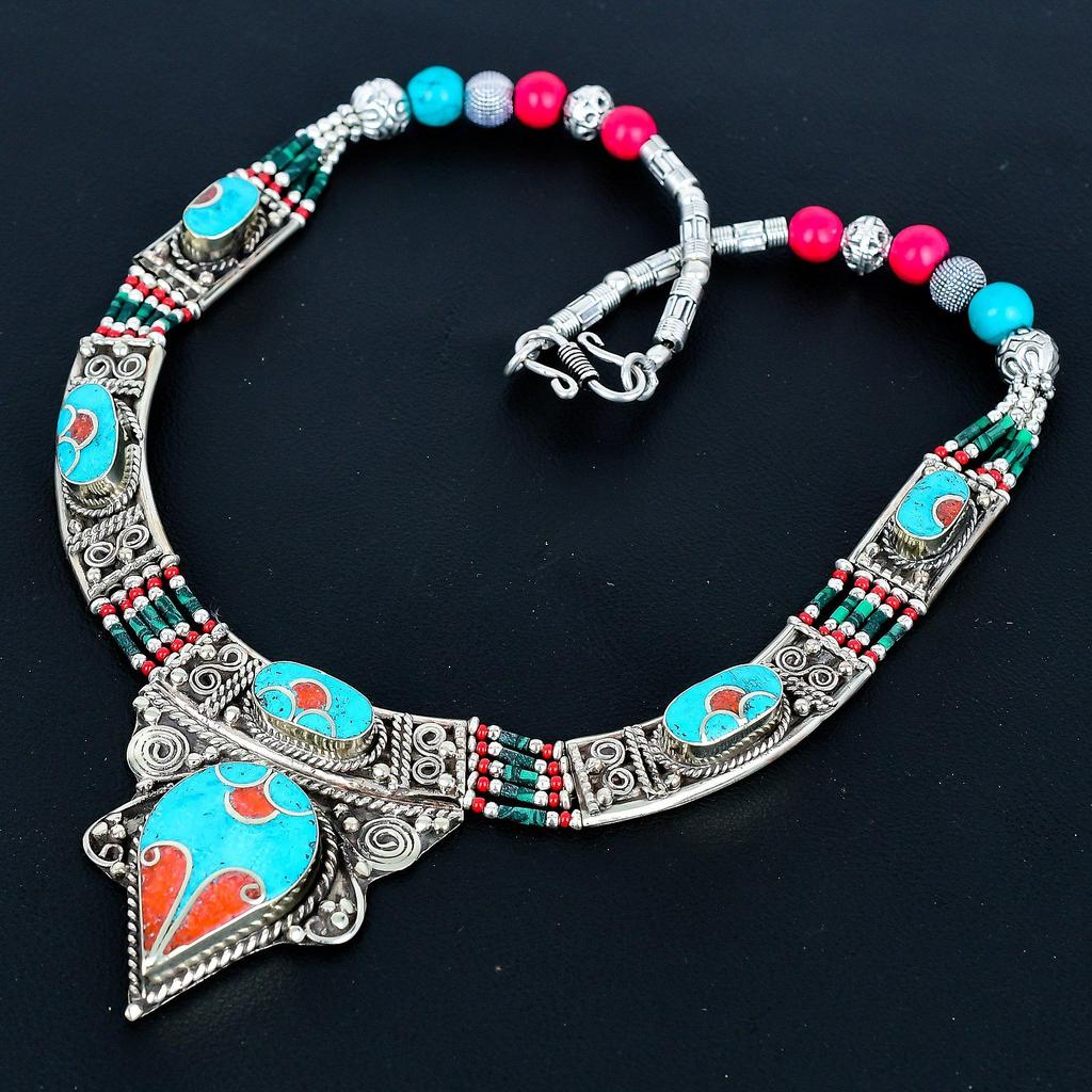 Turquoise, Coral 925 Sterling Silver Necklace Tibetan Silver Necklace Bohemian Antique Necklace Handmade Jewelry Nepali Necklace Gift For Wife