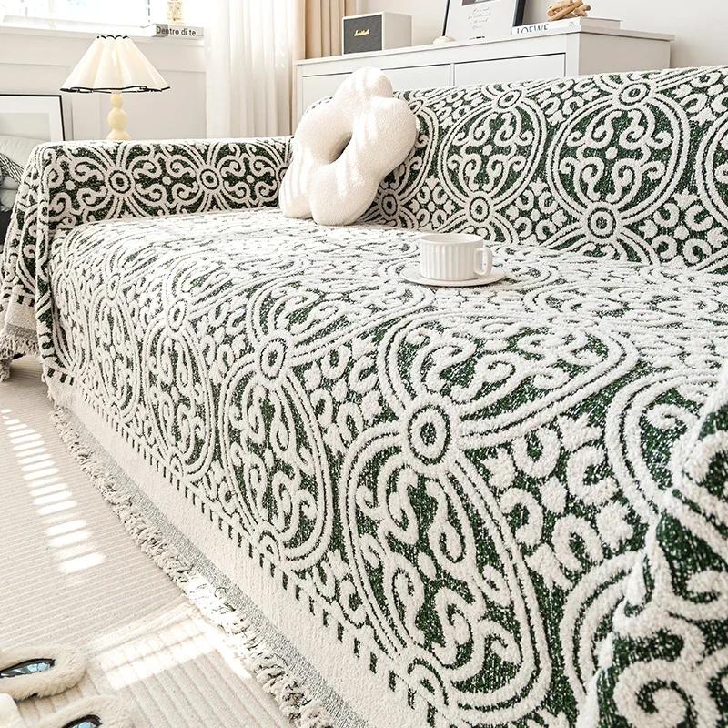 Floral Sofa Throw Blanket Geometry Chenille Anti-cat Scratch Sofa Towel with Tassel Kids Dogs Couch Protector Picnic Blankets