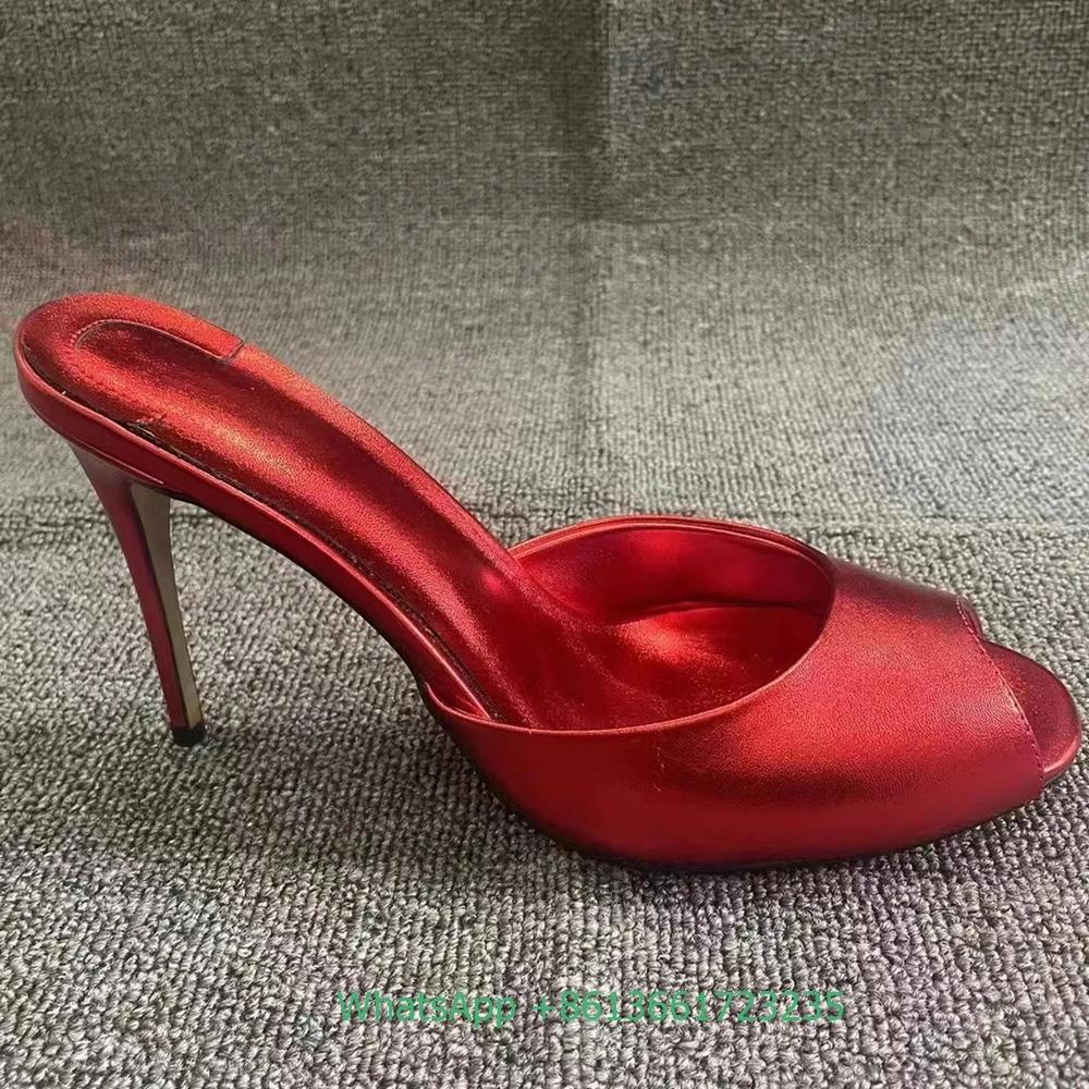 Fashion Genuine Leather Peep Toe Thin Heel Women Slippers Solid Summer Fashion Sandals Slip-On Shallow Patent Leather Shiny Sandals