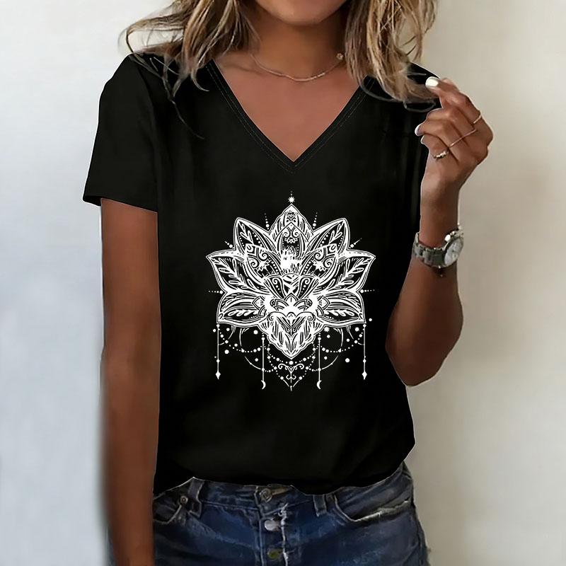 Retro Art Printed T-shirt V-neck Casual Fashion T-shirt XS